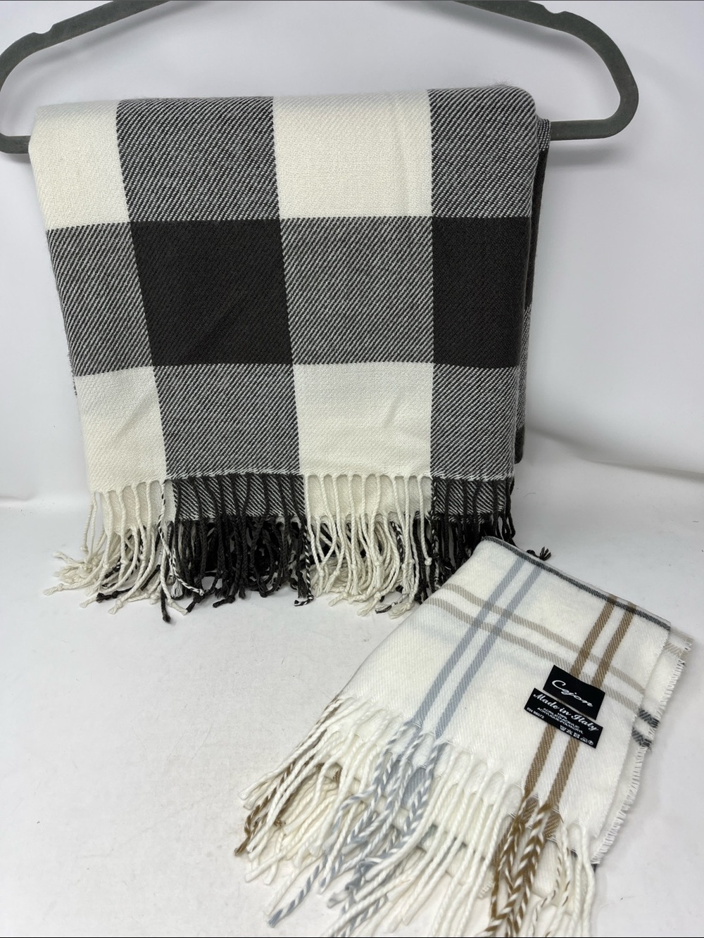 POTTERY BARN BUFFALO CHECK BROWN AND CREAM THROW AND BONUS ITALIAN SCARF New